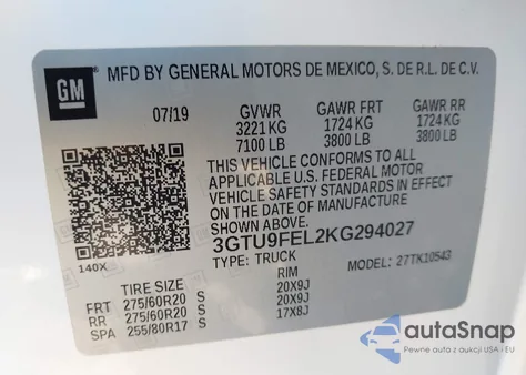 2019 GMC Sierra 1500 Denali z USA, uszkodzony, nr VIN 3GTU9FEL2KG294027